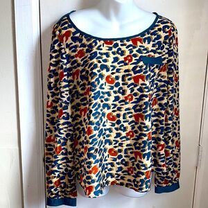 EDGE Turquoise, Cream and Orange Leopard Print Blouse-L